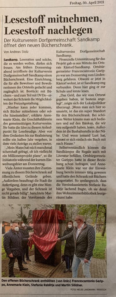 Artikel zur Einwehung Bücherschrank